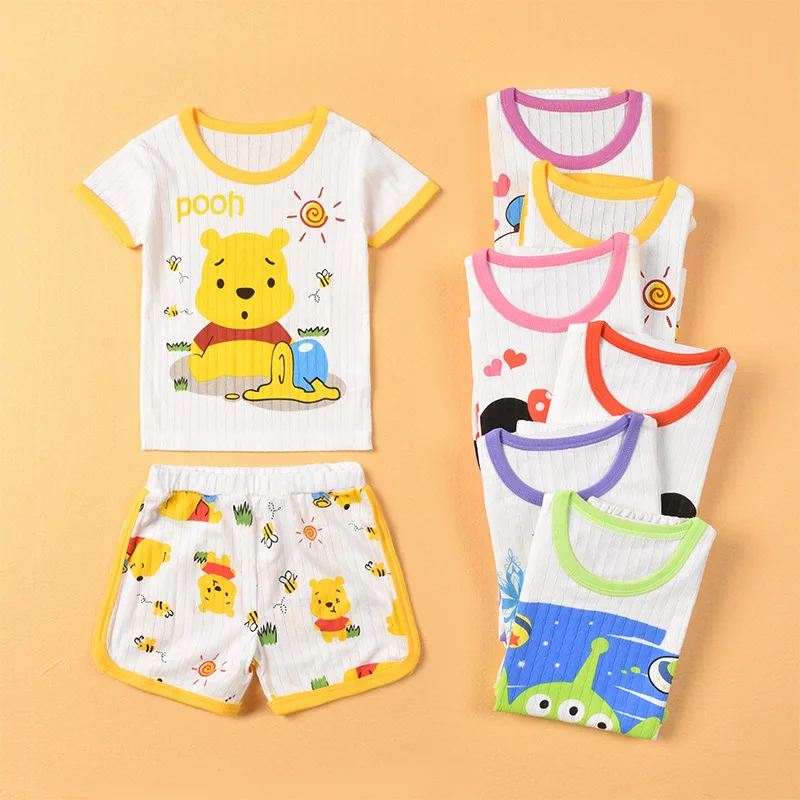 

Летние комплекты детской одежды, комплект одежды для сна для мальчиков, пижамы для девочек, дышащая футболка с коротким рукавом, костюм для ...