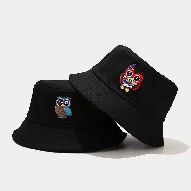 

New Cartoon Owl Pattern Bucket Hat Men Embroidery Cute Funny Bucket Hat Women Leisure Outdoor Sun Protection Cotton Fishing Hats