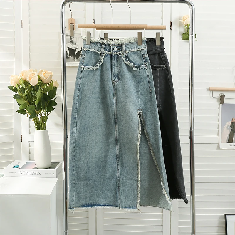 

Women Chic Split Denim Full Skirt High Waist Elegant Korean Fashion Wrap Skirt Sweet Summer Clothing