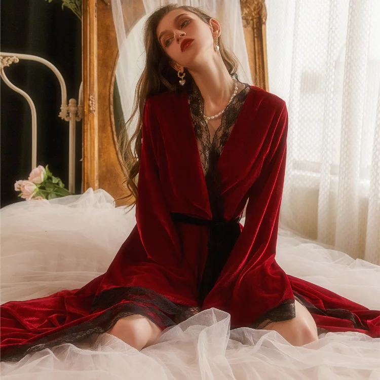 Gold Velvet Women Spring X-long Bathrobe Lace Ladies Robes With Sashes French Style Luxury V Neck Kimono Dressing Gown Female