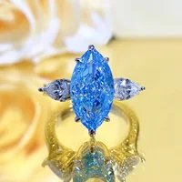 Fashion S925 Silver Ring Inlay Marquise Brilliant Cut 8*16mm OIive Shape Blue Created Diamonds Rings Engagement Wedding