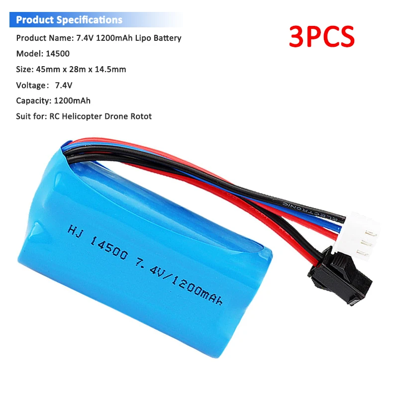

3PCS 7.4v 1200mAh 14500 Lipo Battery Spare Part for Electric Toys Water Bullet Gun Helicopter Drone Robot Toy Battery Accessory