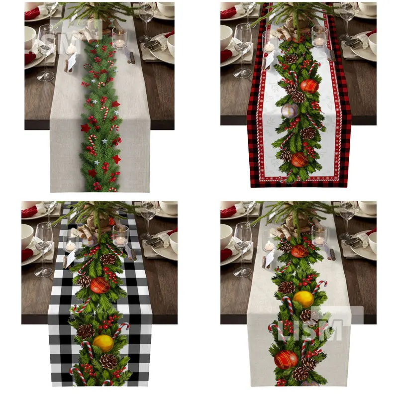 

2023 New Year Table Runner for Dining Table Christmas Tree Pine Needles Candy Bow Wedding Holiday Party Decor Tablecloth Cover