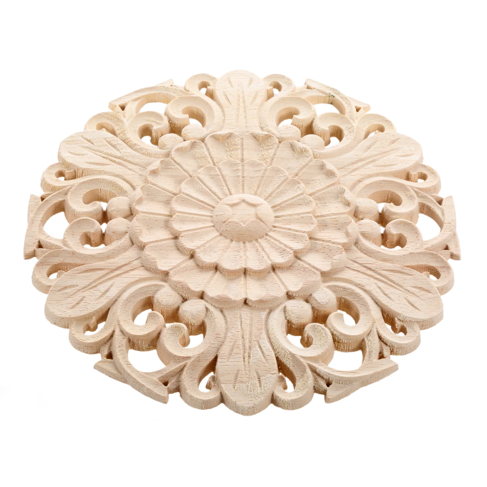 

Unpainted Exquisite Wood Carving Decal Antique Round Flower Onlay Appliques Beautiful Solid Wood Carving Decal Furniture Decor