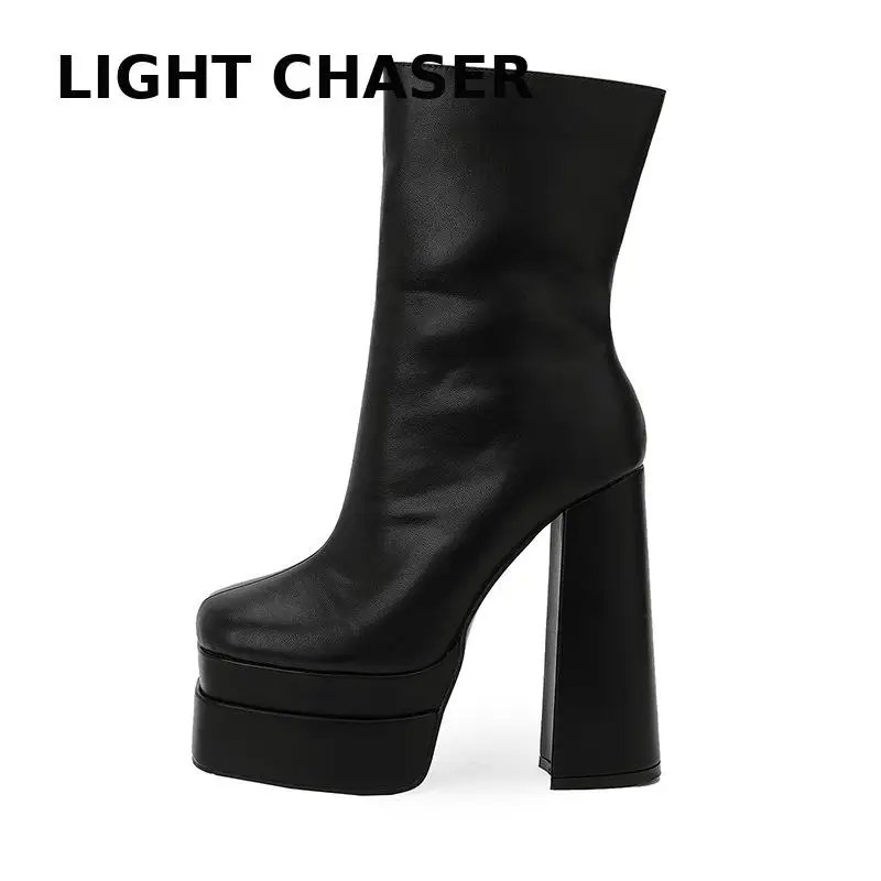 Square Head Thick -heeled Women's Boots Waterproof Table Zipper To Increase Naked Boots Comfortable High Heel Short Boots Female