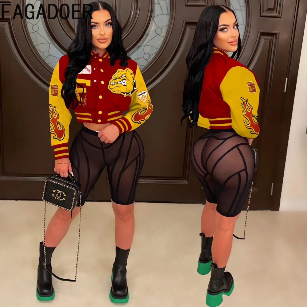 

FAGADOER Fashion Street Women Baseball Uniform Coats Casual Pattern Print Patchwork Jacket Spring New Female Long Sleeve Clothes