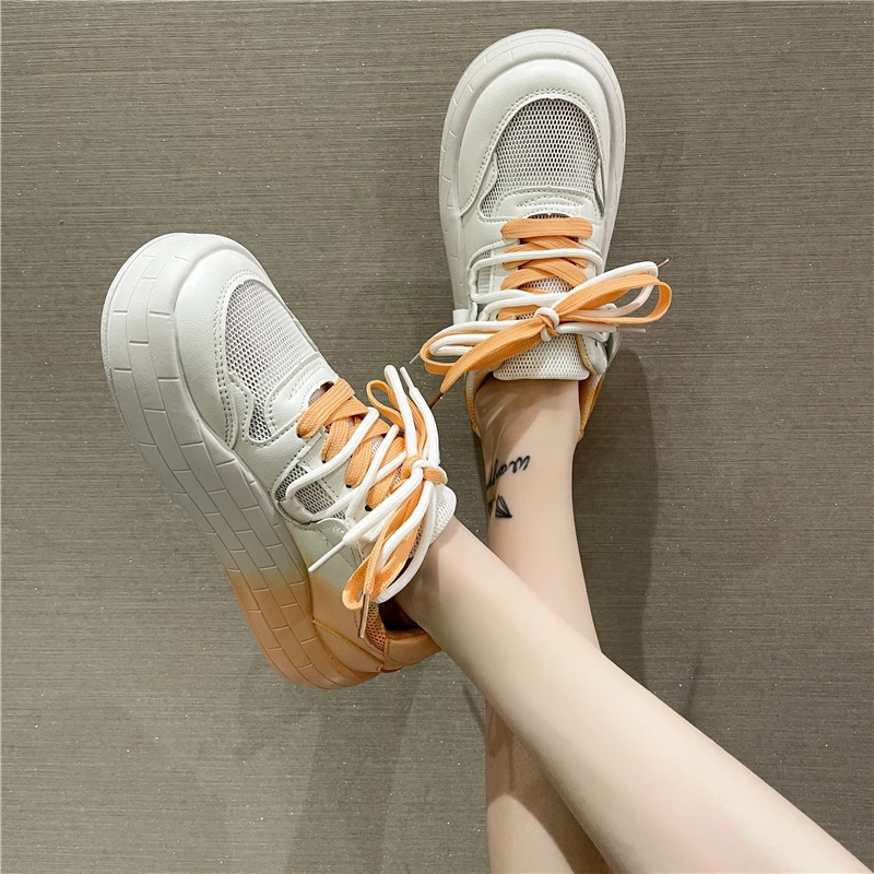 

Женские кроссовки с вырезами, белые или оранжевые сетчатые кроссовки на плоской подошве, дышащие, со шнуровкой, на лето, 2022