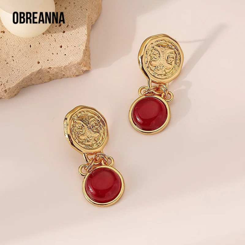 

French Vintage Ruby Design Coin Earrings Women's Exquisite Silver Needle Graceful Earrings