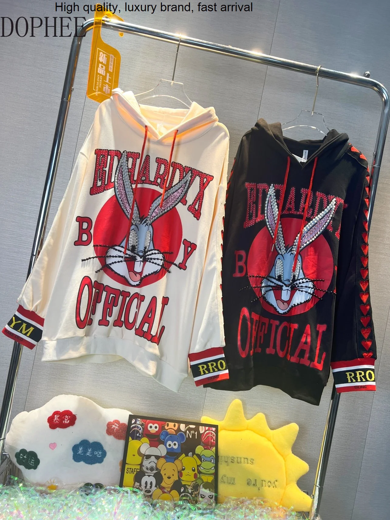 

New Autumn 2023 Winter Oversized Hoodies Top Age Reduction Beaded Cartoon Printed Pullovers Streetwear Mid-long Sweatshirt