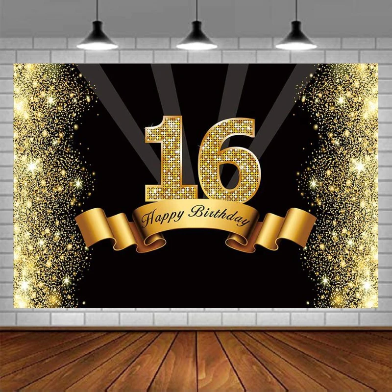 

Photography Backdrop Glitter Black And Gold 16 Years Old 16th Birthday Party Teens Boys Fifteen Decor Background Banner Props