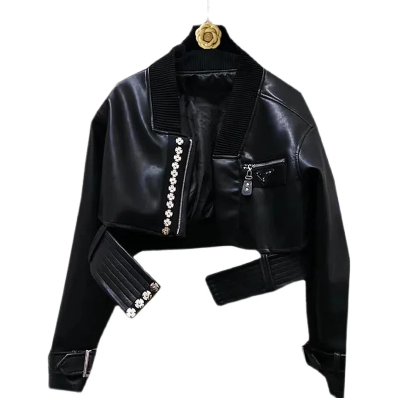 LXUNYI Autumn New Black Short PU Leather Jacket Female Oversize personality Fashion Long Sleeve Motorcycle jackets Woman Coat