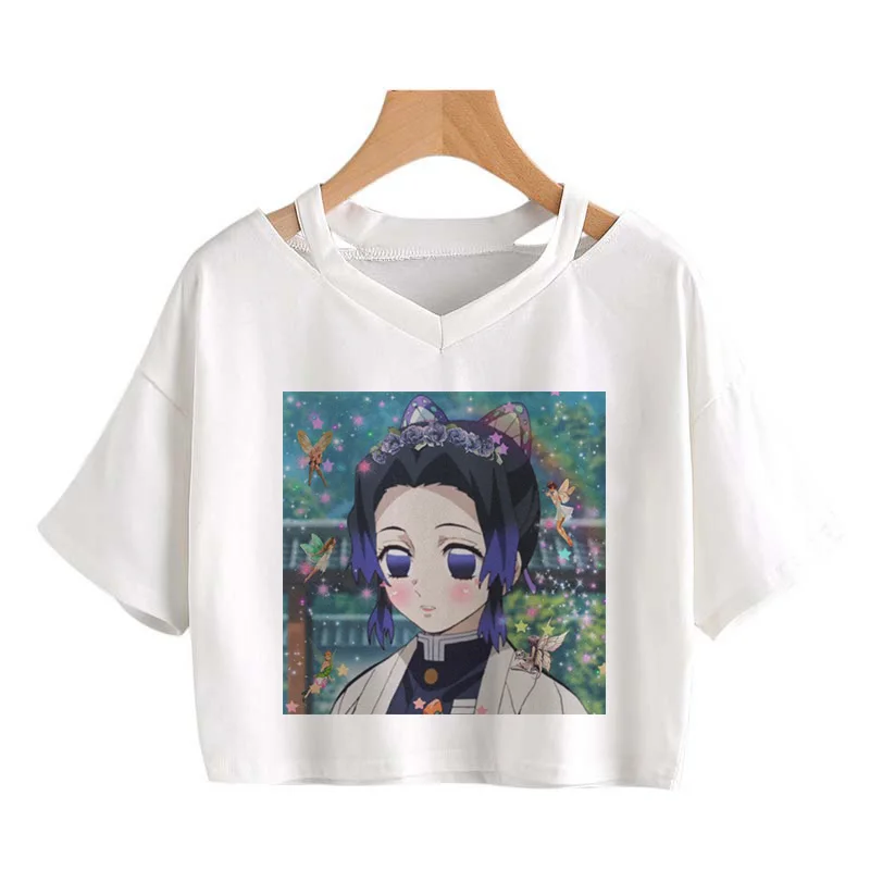

Kochou Demon Slayer Anime Japanese kawaii y2k Tops Women Harajuku high street Summer Crop top Gothic V-neck short sleeve T-shirt