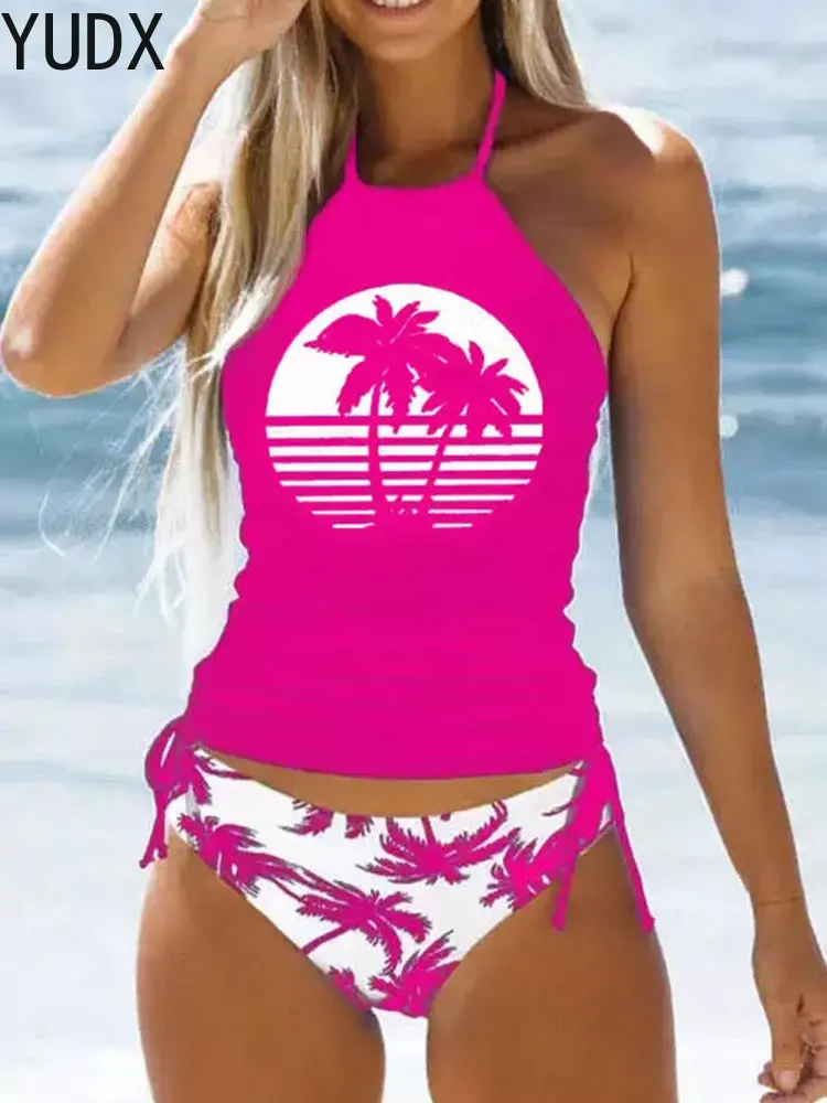 Women's Floral Halter Tie Tankini Set Tummy Control Top with Bottom Bathing Suit Beach Coconut Tree Print Swimwear 2023 Summer