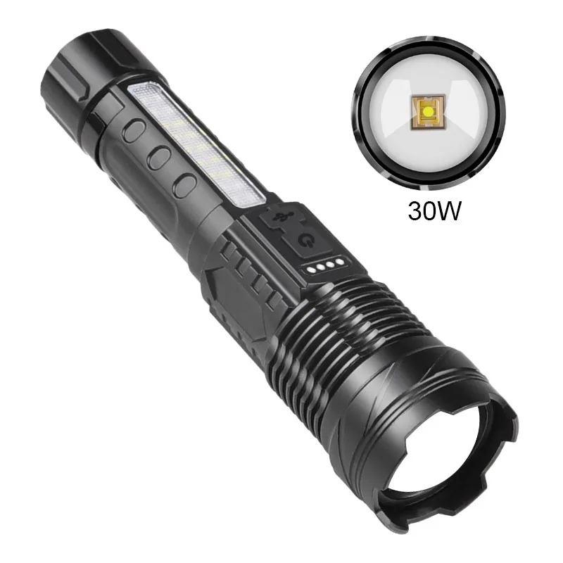 

30W 19LED Hunting Flashlight Zoomable Pocket Fishing Spotlight Floodlight 2600mA Type C USB Camping Emergency Lantern SOS Strobe