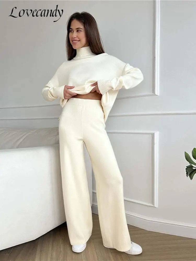 

Autumn Women Turtleneck Knitted Sweater Set Casual Solid Sweater High Waist Wide Leg Pant Suit 2022 Fashion Lady Knitwear Outfit