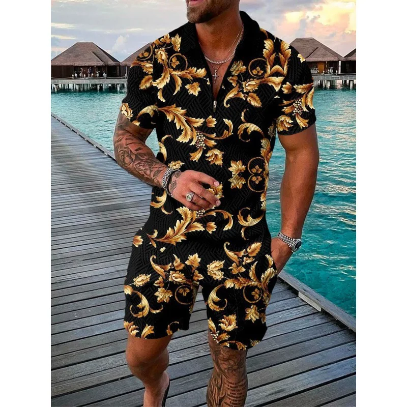 Men's Polo Shirt 2 Piece Set Luxury Liong KIng Print 3D Zipper Polo Tee  Tracksuits Fashion Sportswear Summer Outfit Piece Set