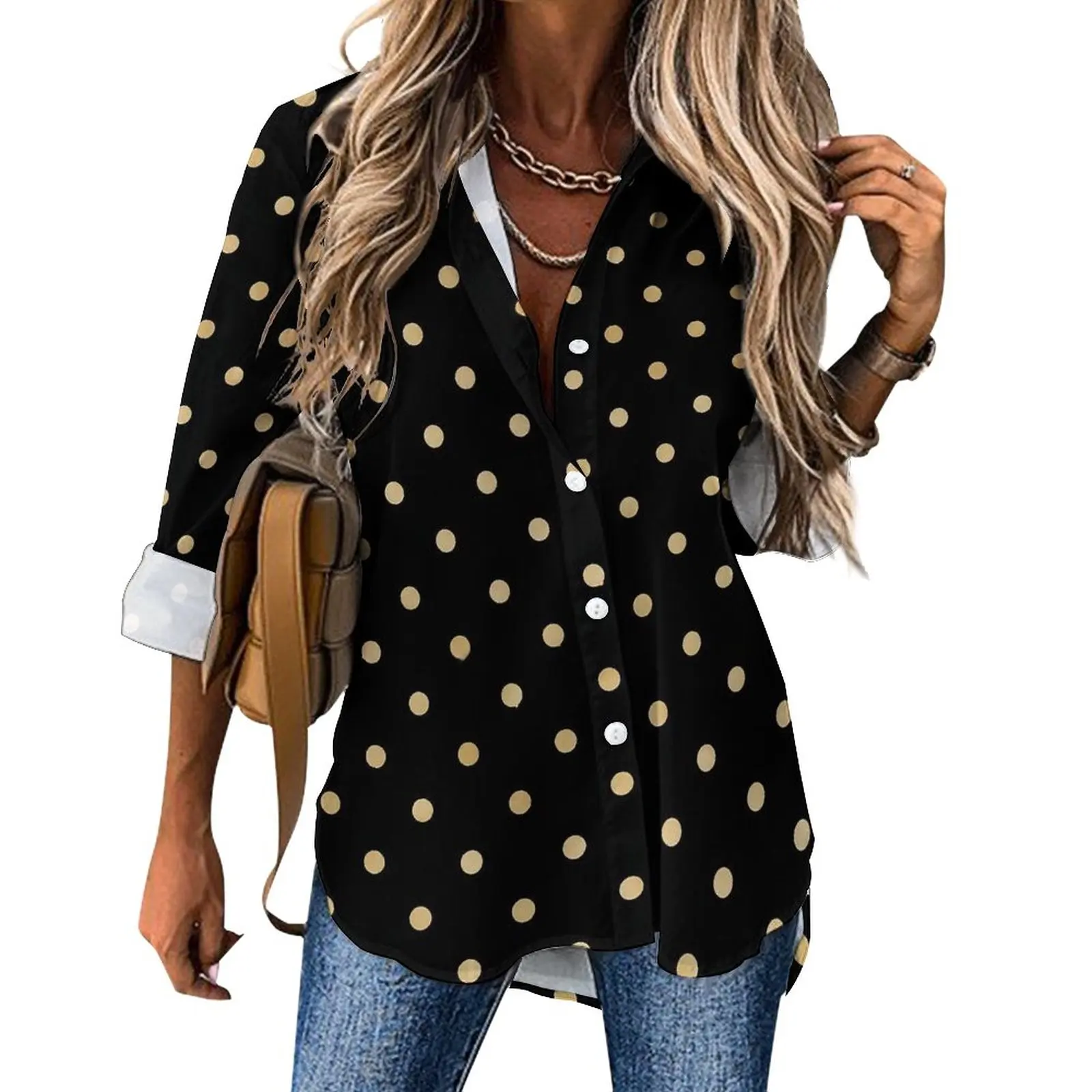 

Gold Dot Casual Blouse Vintage Print Vintage Custom Blouses Female Long Sleeve Classic Shirt Summer Oversized Clothes