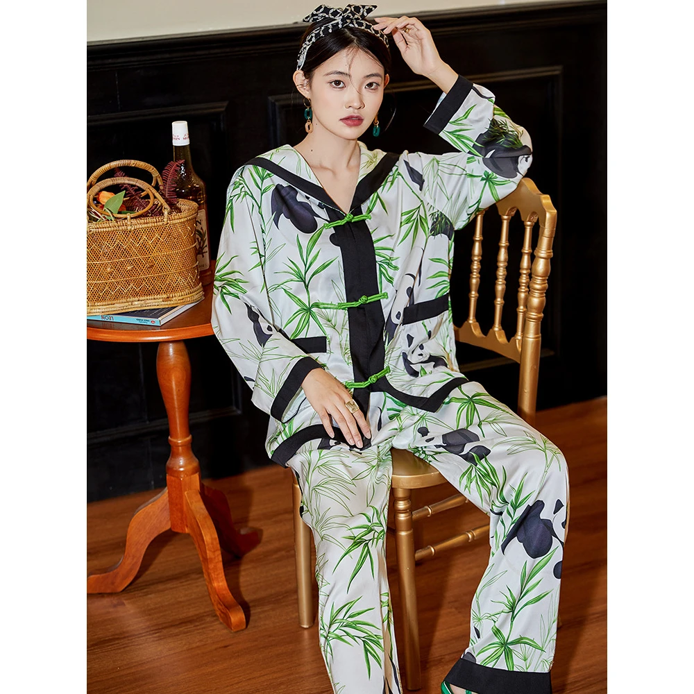 Maison Gabrielle 2022 Spring Summer Vintage Chinoiserie Printed Pajamas Set Loungewear Sleepwear for Women 2 Pieces Long Sleeves