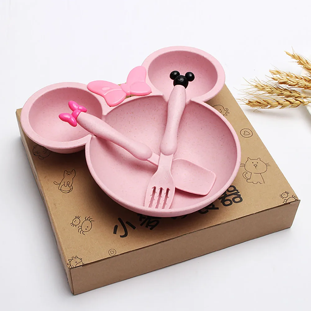 

3pcs Wheat Straw Baby Cartoon Tableware Set Children's Dishes Kids Dinner Platos Baby Feeding Plate Training Bowl Spoon Fork