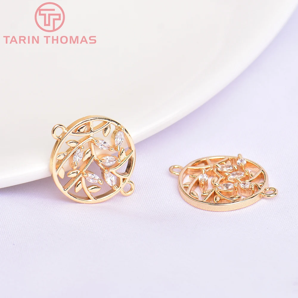 

(5714) 4PCS 14.5MM 24K Gold Color Brass with Zircon Round Leaves Charms Pendants High Quality Jewelry Making Findings Wholesale