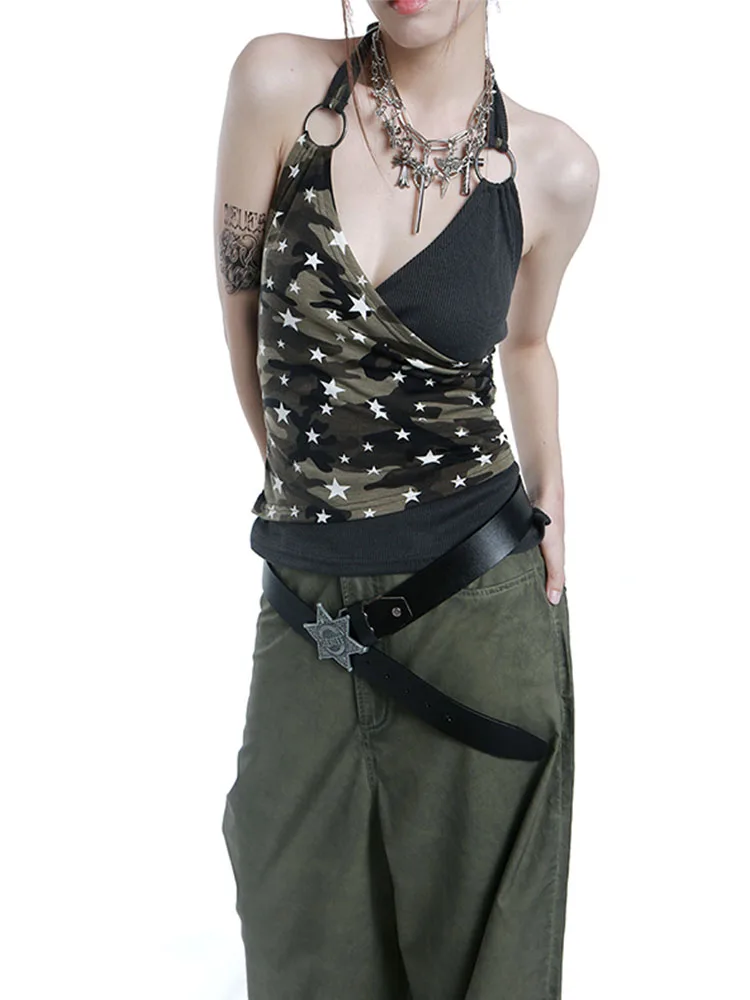 

Gothic Patchwork T-shirt Aesthetic Y2K Crop Tops Short Sleevle Vest Tees Harajuku Streetwear Suspenders Women Harajuku Clothes