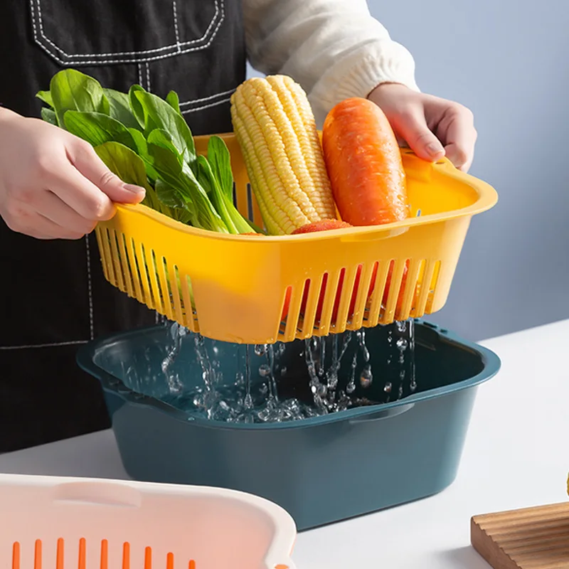 

Double-Layer Drain Basket Water Filter Six-Piece Set Can Be Superimposed Washing Basket Kitchen Fruit Basket Plastic Drain Basin