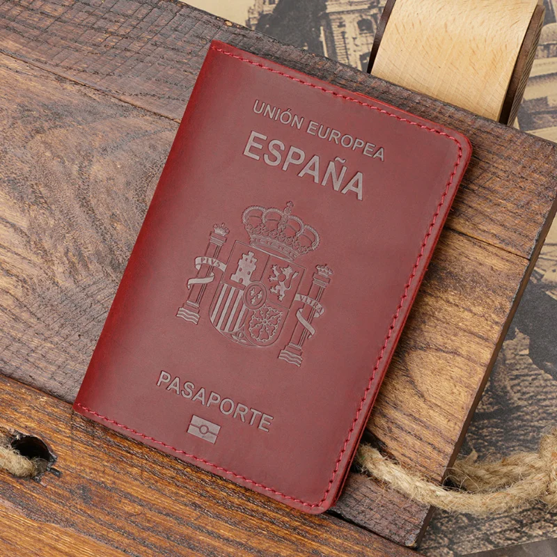 Genuine Cowhide Leather Imprinted Spanish Holder for Spanish Passports Vintage Document Organizer Id Folder Card Holder Wallet