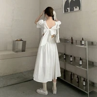 korean version puff sleeves white dress summer womens clothing sexy backless fashion medium and long gentle wind a line skirt