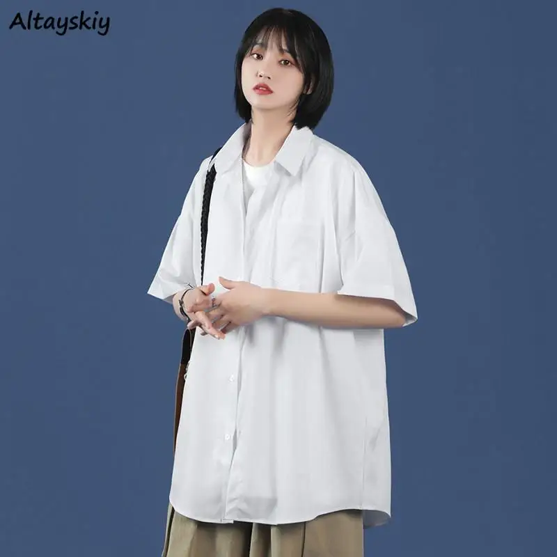 

Vintage Short-sleeve Shirts Women Loose Minimalist Summer 5 Colors All-match Japanese Style New Thin Harajuku Students Ulzzang