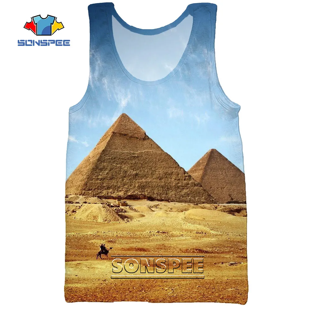 

2022 3D Print Egyptian Pyramids Desert Oasis Beach Men's Tank Tops Casual Fitness Bodybuilding Gym Muscle Sleeveless Vest