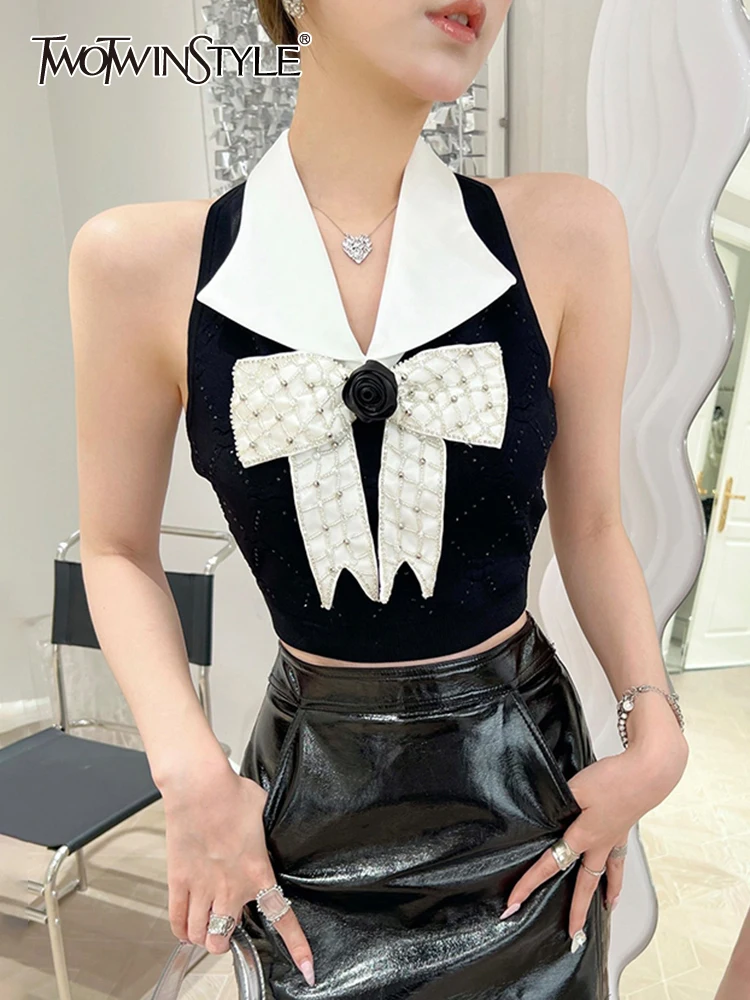 

TWOTWINSTYLE Patchwork Bowknot Tank Tops For Women V Neck Sleeveless Backless Colorblock Sexy Vests Female Clothing Style 2022