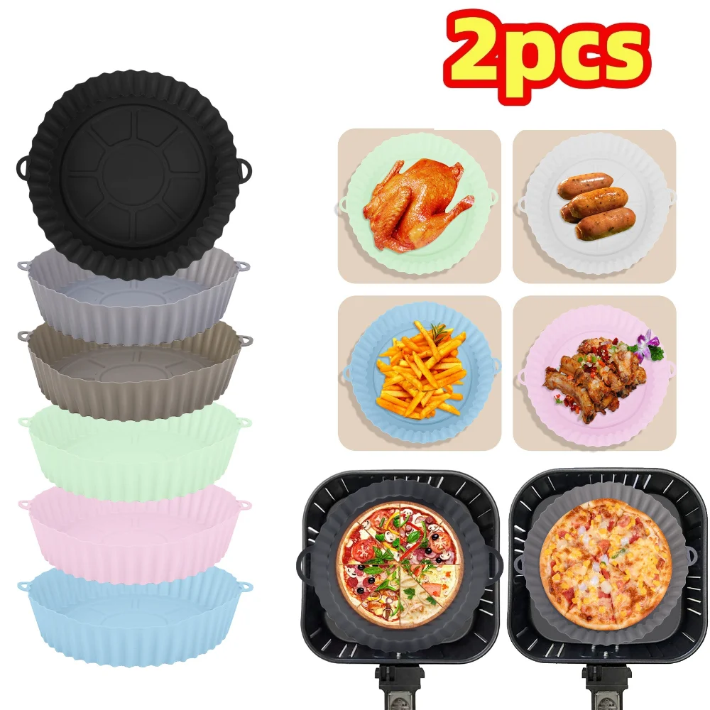 2pcs Airfryer Pot Silicone Oven Baking Tray Round Liner Pizza Plate Grill Pan Mat Air Fryer Reusable Accessories Easy To Clean
