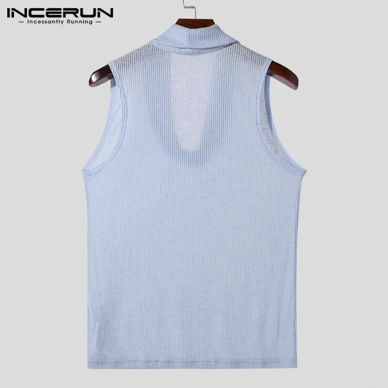 Топы INCERUN 2024 модные мужские трикотажные однотонные жилеты с воротником-стойкой