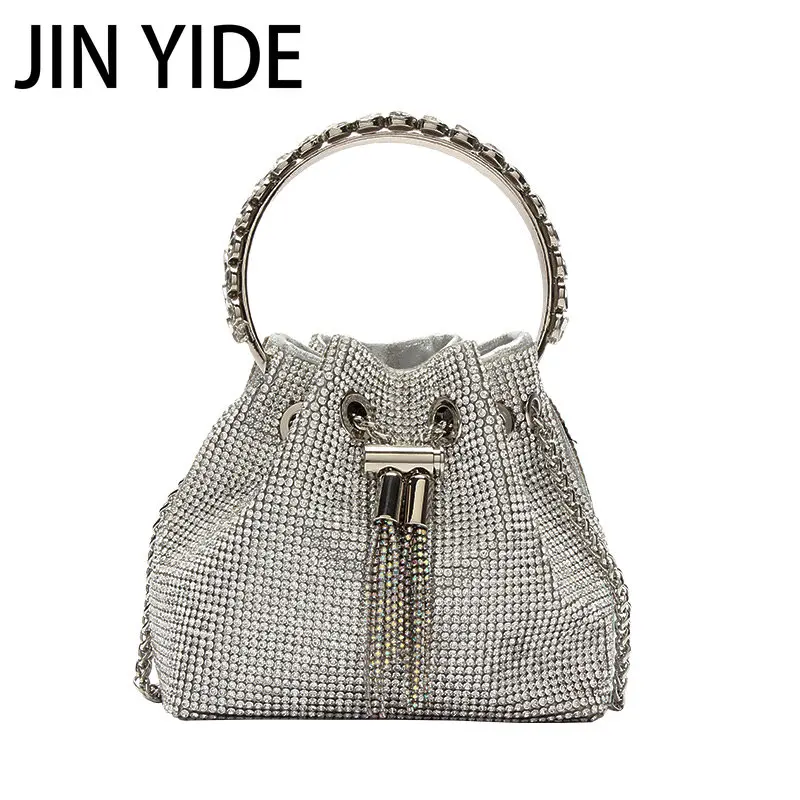 Luxury Diamonds Evening Bag Designer Crystal Mesh Bucket Handbags Rhinestones Chains Shoulder Crossbody Bags Small Party Purses