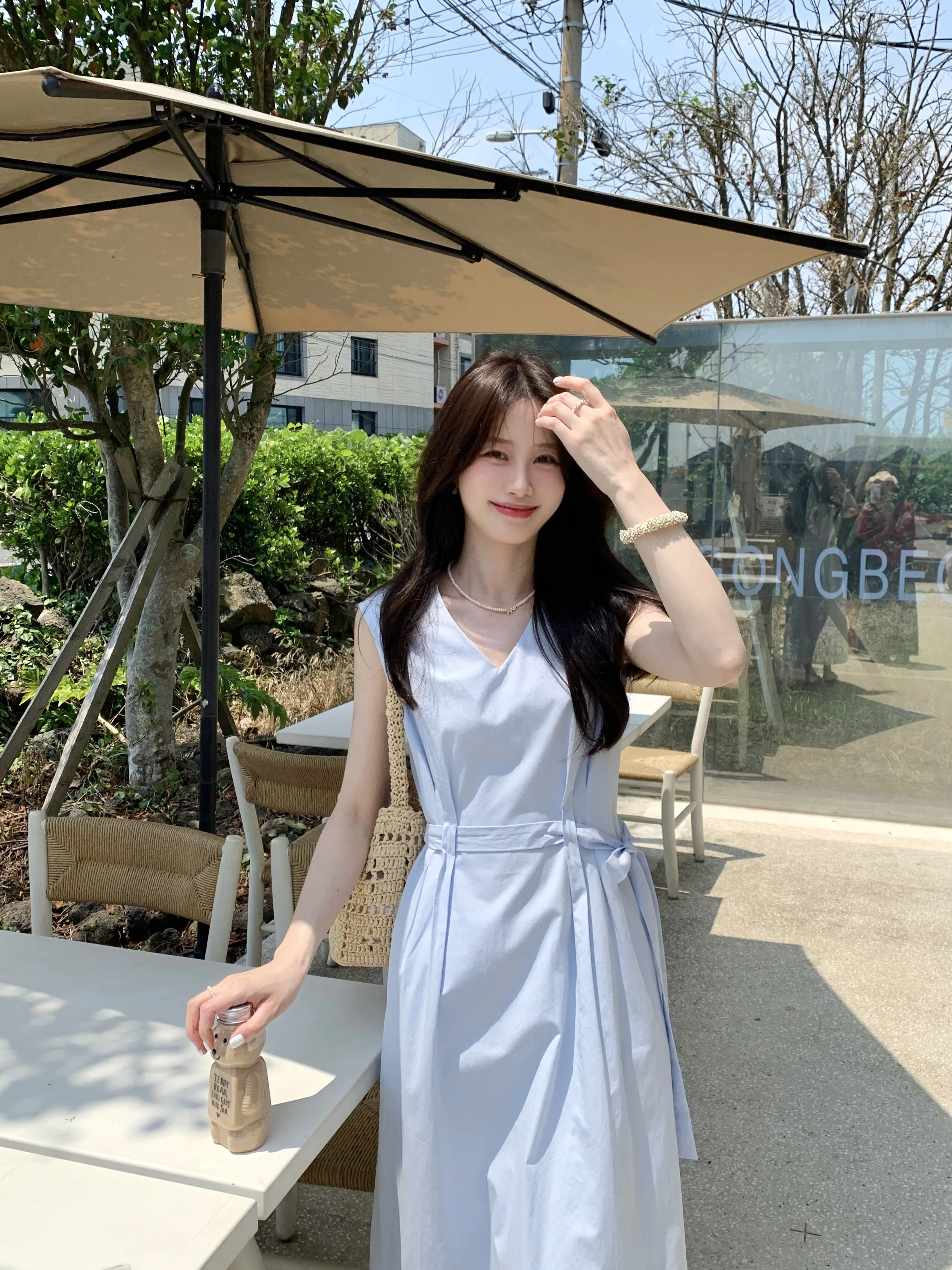 Jejuna Fried Chicken Ouni Blueberry Yogurt Pure Cotton Blue Waist Hugging Long Dress V-neck Temperament Vest