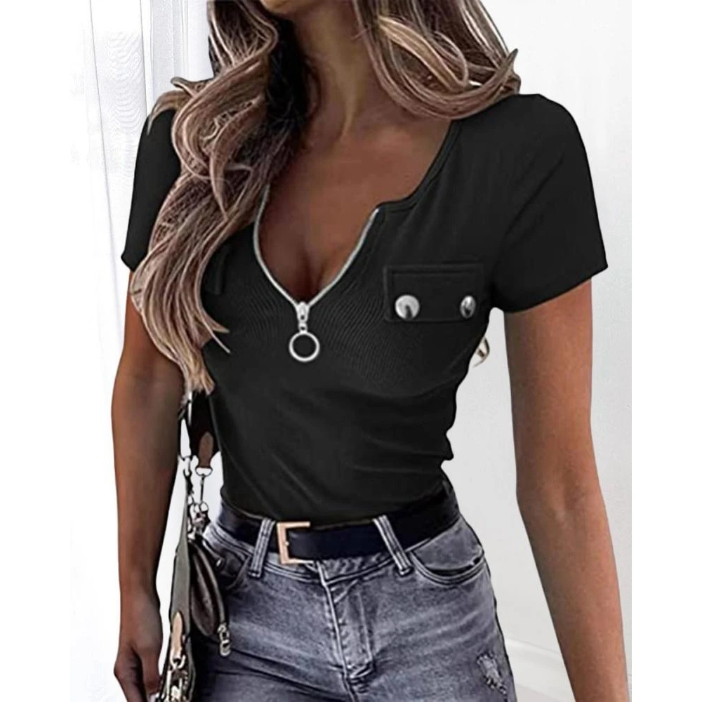 

Summer Women Zip Front Ribbed Knitted Short Sleeve Tee Tops 2023 Female Casual Black T-Shirt Basics Blouse Sexy y2k Clothing