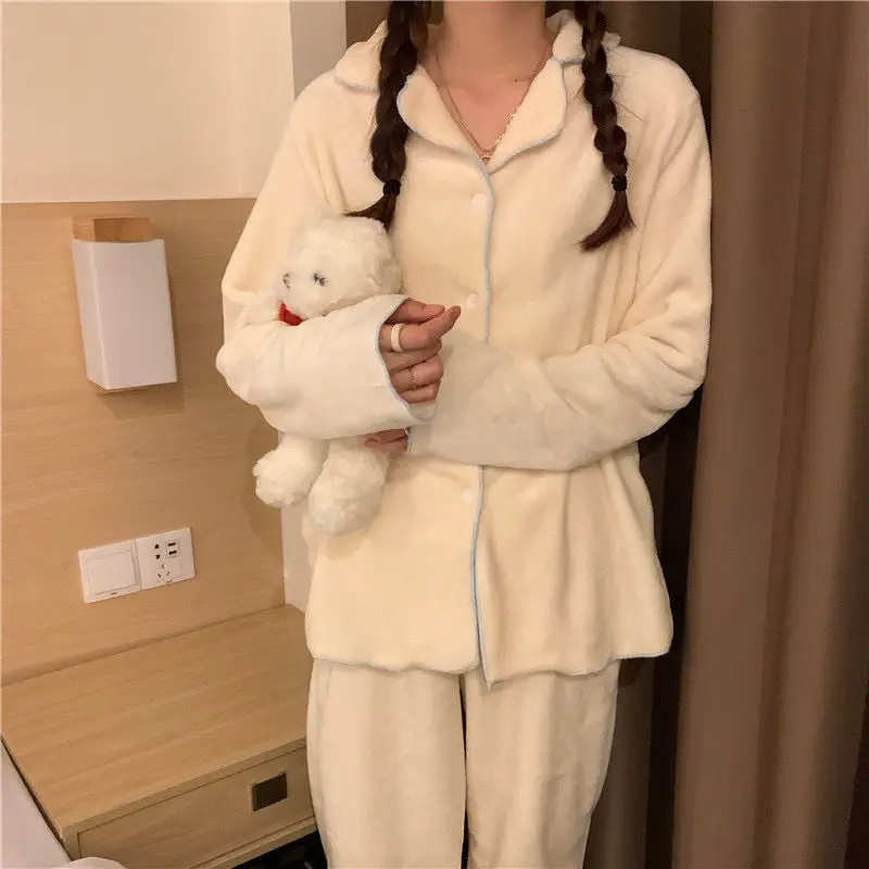 Yasuk Autumn Winter Cute Women's Casual Lovely Sweet Girl Warm Soft Sleepwear Loose Pajamas With Pants Coral Velvet Simple