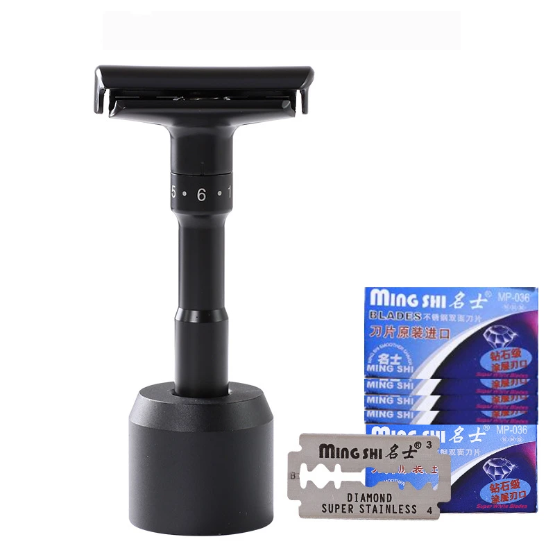 Luxurious Black Adjustable Safety Razor Can Design Name on It Classic Stand Men Shaving 5 Gift Blades |