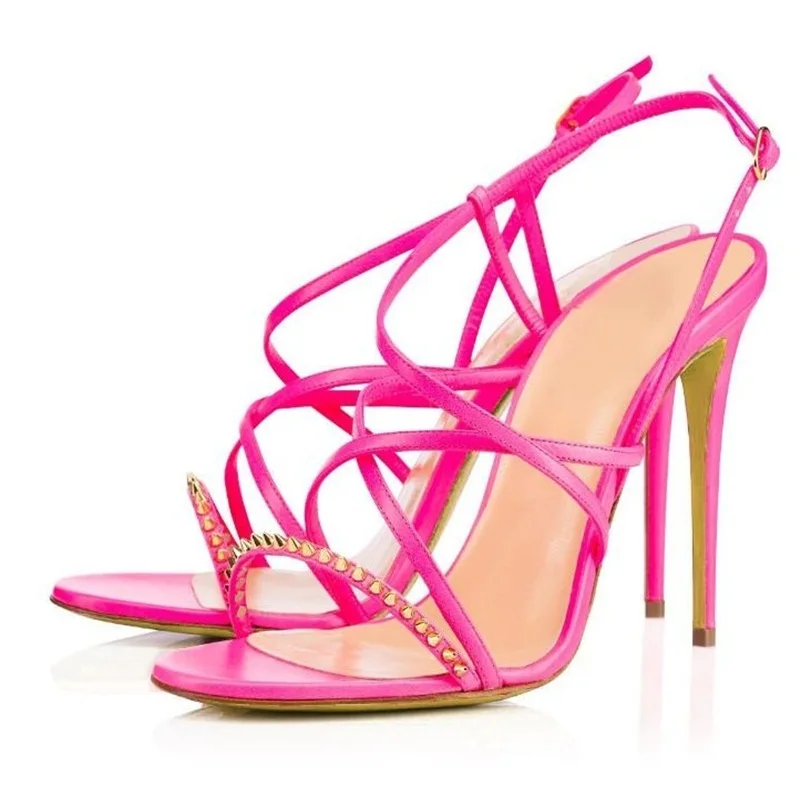

Розовые кожаные сандалии на высоком каблуке-шпильке с перекрестными ремешками и золотыми заклепками, сандалии с вырезами и ремешками, летняя обувь больших размеров 46