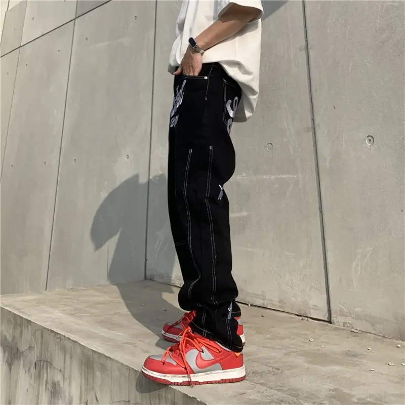 2022 New Fashion Letter Embroidery Baggy Men Hip Hop Jeans Pants Y2K Clothes Straight Casual Black Denim Trousers Pantaloni Uomo