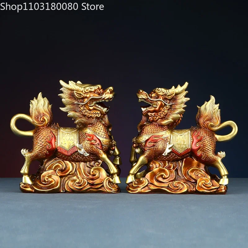 

1pair Exquisite colorful brass copper kylin statue Chinese style home office Fengshui decor Fire kylin sculpture 16cm 21cm