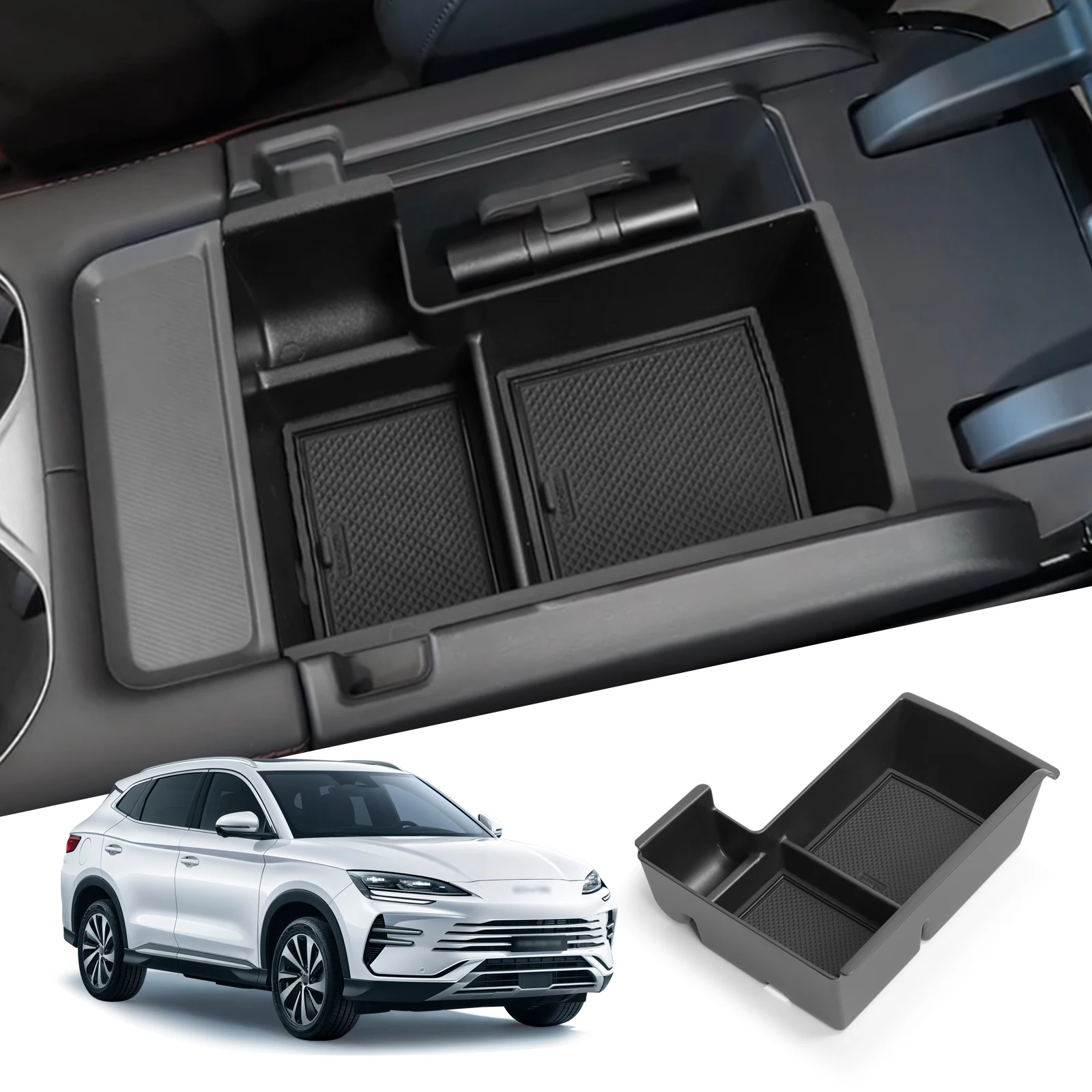 Фото LUCKEASY для BYD Seal U Sealion 6 Song Plus DM-i 2025, подлокотник для центральной консоли, ящик для хранения, автомобильный лоток, аксессуары для уборки, черный №1