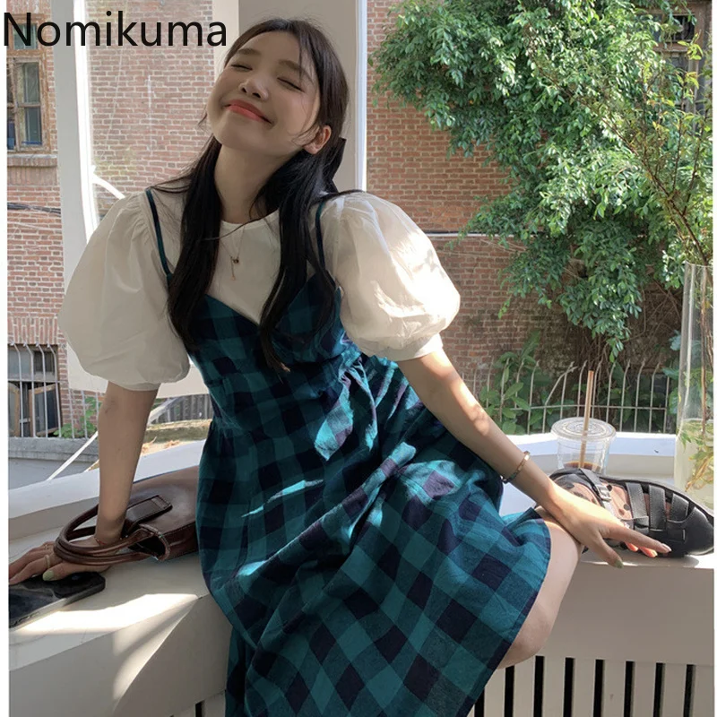 

Nomikuma Summer Dress Women 2022 Puff Sleeve Plaid Loose Chic Dress for Women Vintage Korean Casual Elegant Vestidos De Mujer