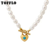 tofflo stainless steel jewelry freshwater pearl heart inlaid turquoise ot buckle pendant necklace womens fashion necklace bsp45