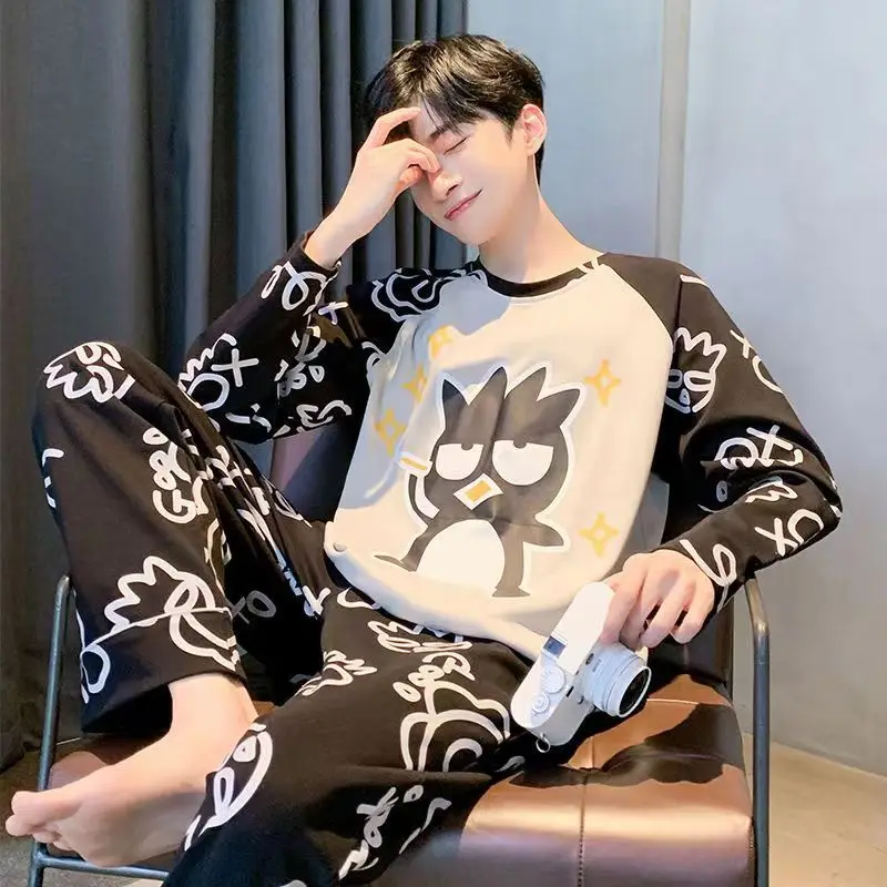 Spring Autumn Pajama for Men Nightwear 2pcs Casual Homesuit Long Sleeves Cartoon Dinosaur Printed Pijama for Young Man Leisure