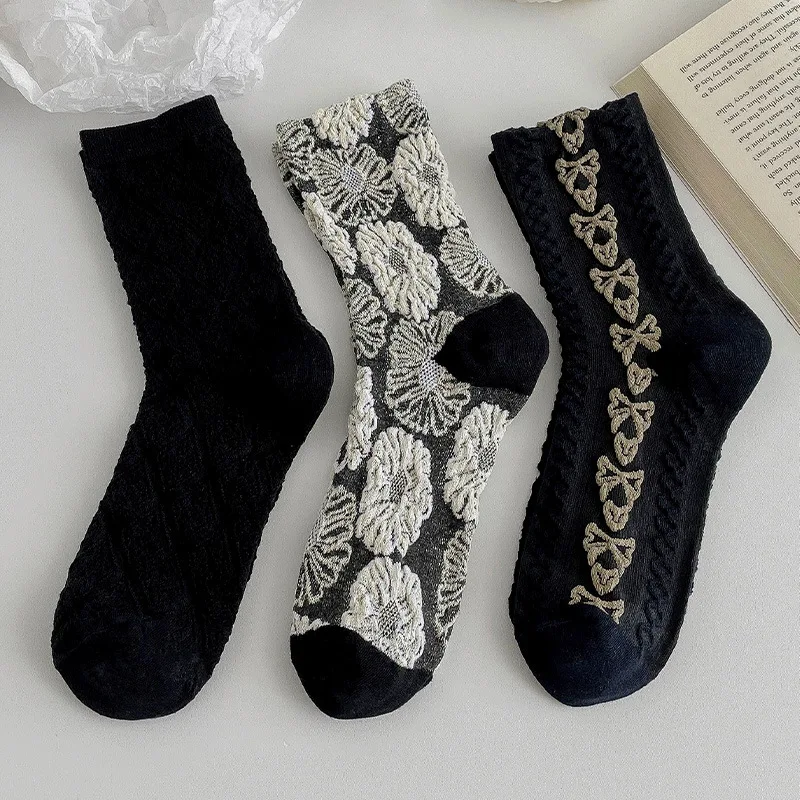 

Black New Socks Women's Solid Colour Autumn and Winter Cotton Mid-thigh Socks with A Hundred Prints Retro Lolita Long Socks