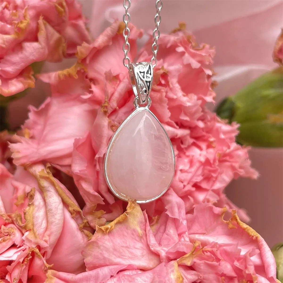 

ANGLANG Rose Quartz Silver Colour PENDANT Natural Handmade Stone Chain Necklace Bride Wedding Engagement Fine Jewelry
