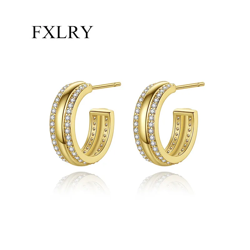 

FXLRY Gold Color Cubic Zirconia Hoop Earrings for Women Hip Pop Punk Accessories For Girl Party Jewelry