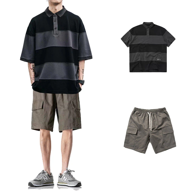 

Summer Cityboy Shorts Sleeve Polo T-shirts Shorts Sets Men Classic Striped Top Cargo Shorts All-match Clothing Casual Streetwear