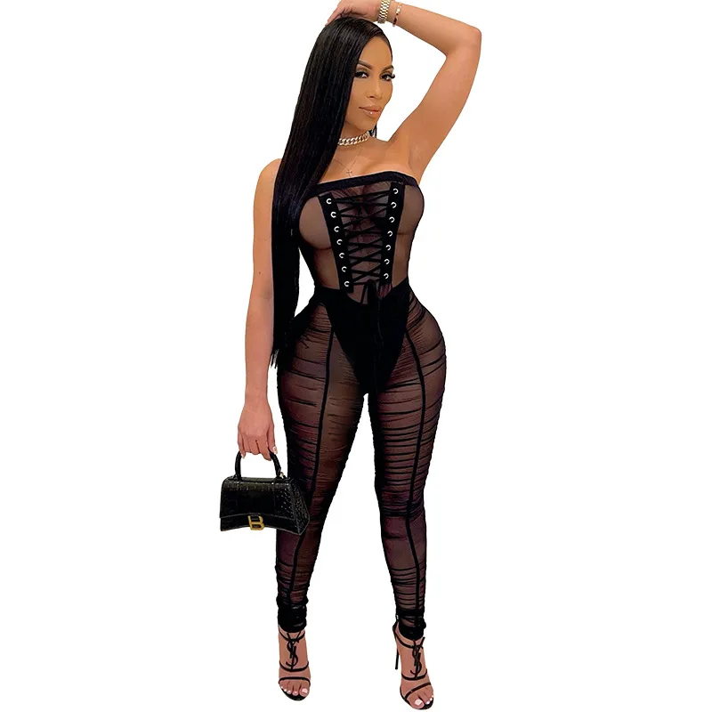 

Sexy Sheer Mesh Ruched Jumpsuit Women Summer Off the Shoulder Bandage Stacked Pants See Through Body Club Party Romper Jumpsuit